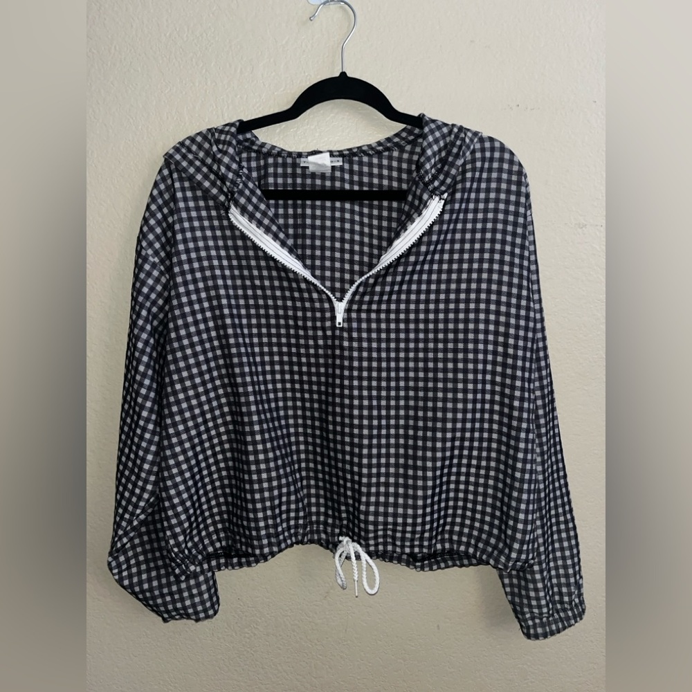 trends plaid grey cropped hooded tie windbreaker